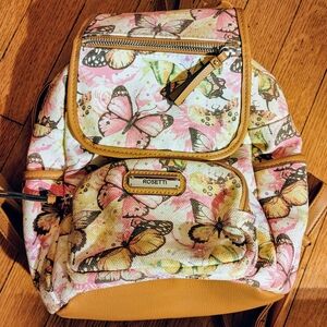 Rosetti: Tinley Compct Backpack, Butterfly Print with Tan Trim